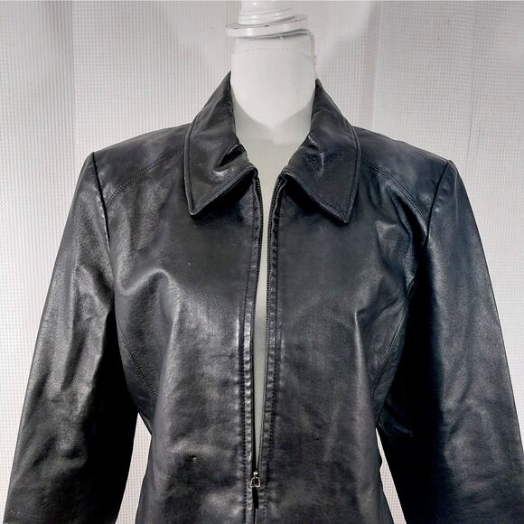 WORTHINGTON! SLEEK BLACK GENUINE LEATHER HIDDEN FRONT POCKET JACKET COAT! SZ PXL - Picture 5 of 12
